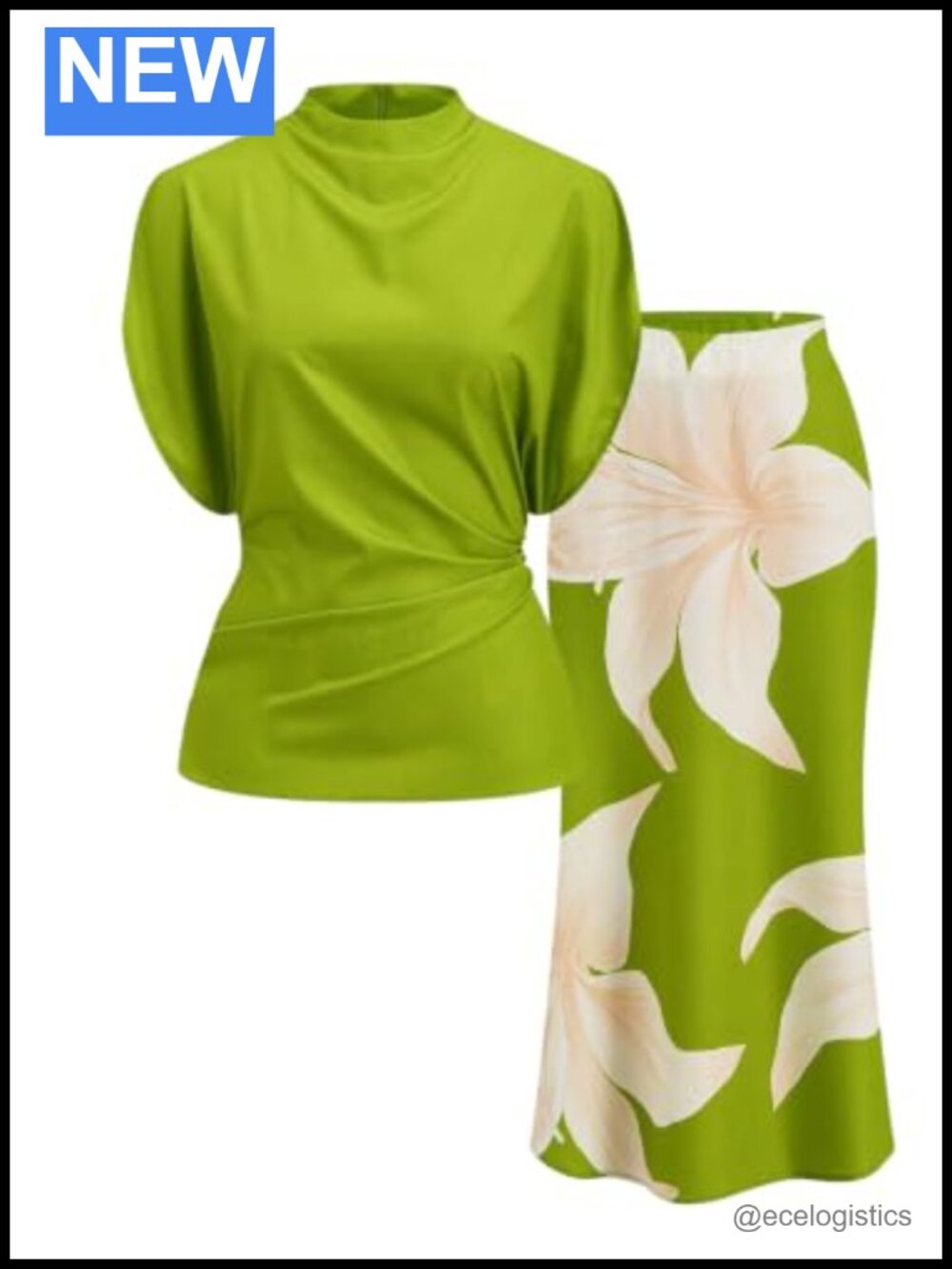 Floral 2 Piece Short Sleeve Top and Skirt Set Ruched Zipper